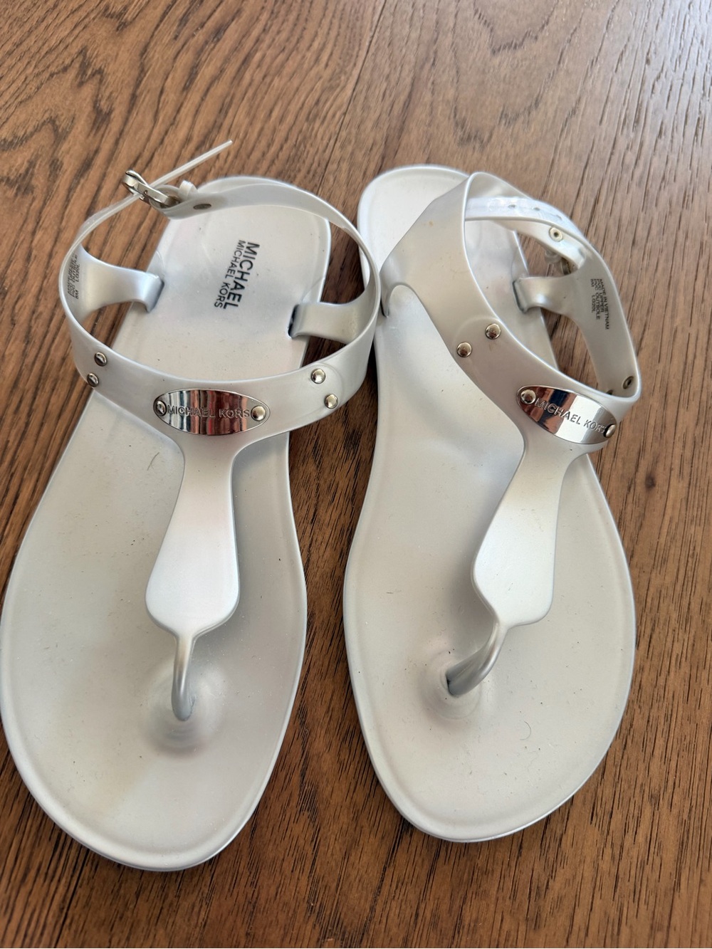 Michael Kors Metallic White T-Strap Sandals